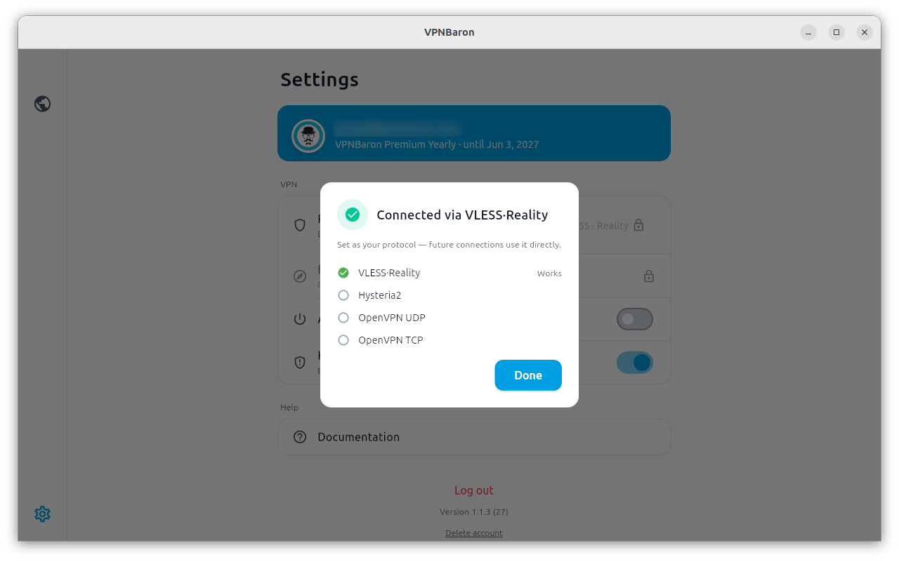 Baron Pathfinder dialog in the VPNBaron Linux app: Connected via VLESS Reality