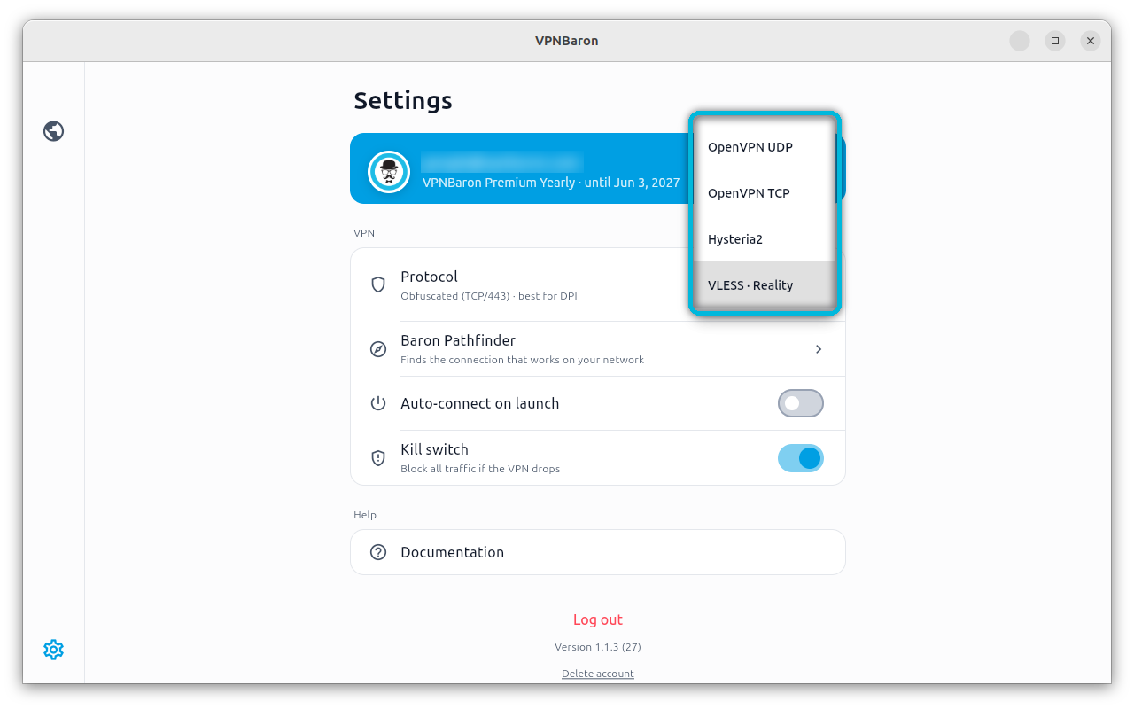VPNBaron Linux app settings with the protocol menu open: OpenVPN UDP, OpenVPN TCP, Hysteria2, VLESS Reality